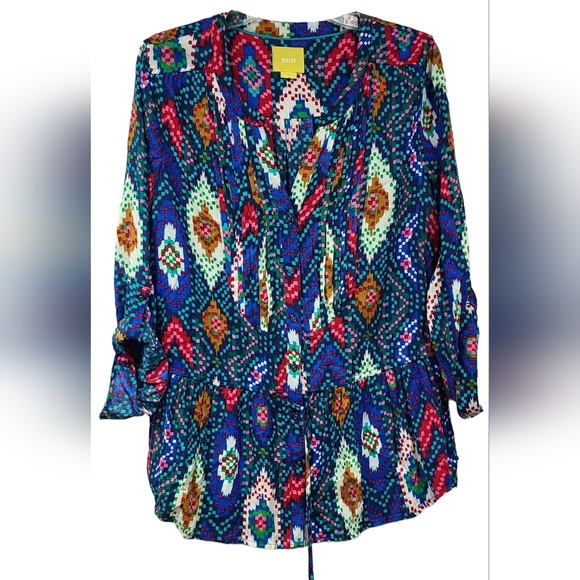 Anthropologie Maeve Top Geometric Print Woven Henley Blouse Bohemian Western - Picture 5 of 13